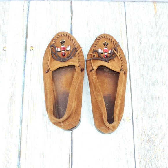 *Minnetonka Thunderbird Brown Suede Slip On Moccasin Flat Boat Shoes Size - Picture 8 of 9